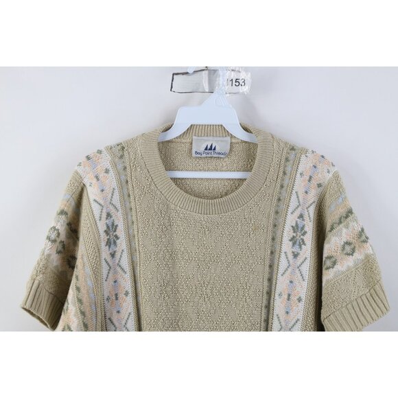 Vintage 90s Streetwear Womens Large Flower Fair Isle Knit Short Sleeve Sweater - Picture 2 of 10